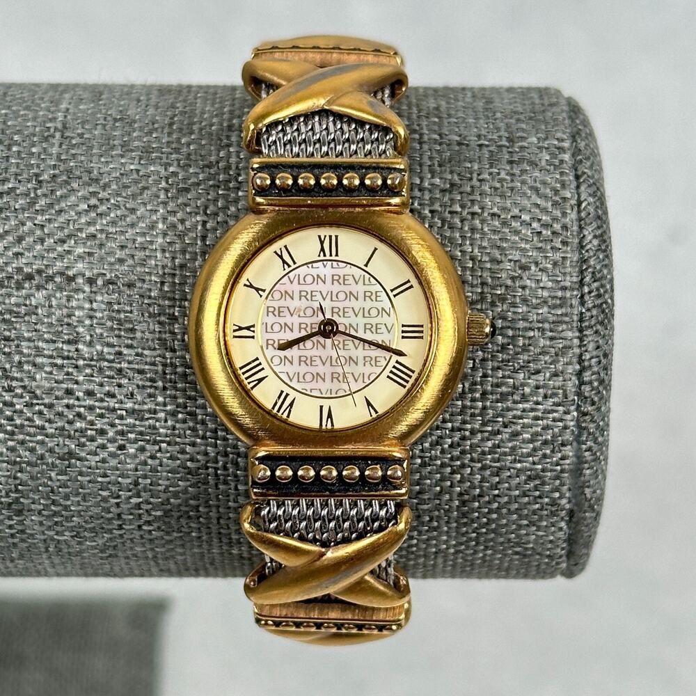 VTG Revlon Watch Womens 25mm Logo MOP Dial Two Tone Band Hong Kong New Battery